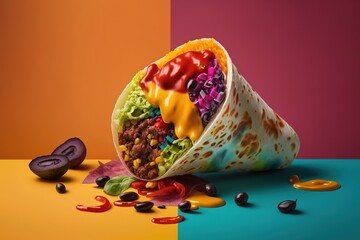 Wall Mural - Burrito and colorful backdrop in close-up selection Generative AI