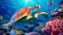 Turtle With Group Of Colorful Fish And Sea Animals With Colorful Coral Underwater In Ocean.