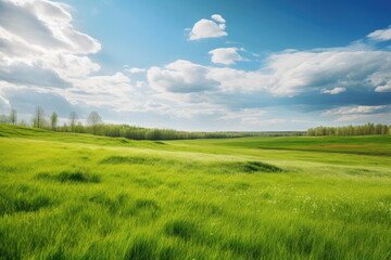 Poster - natural landscape with green grass field, spring summer landscape