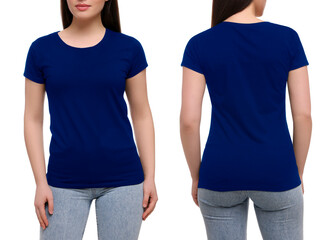 Wall Mural - collage with photos of woman in blue t-shirt on white background, closeup. back and front views for 