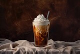 Iced coffee with whipped cream in a glass on a brown background. Created with Generative AI tools