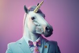 Anthropomorphic fairytale unicorn dressed in a suit like a businessman. Business Concept. AI generated, human enhanced