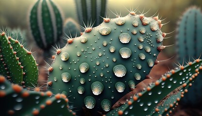 Wall Mural - rainforest cactus up up and personal with a sprinkle of dew generative ai