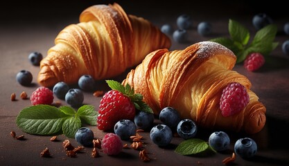 Wall Mural - Croissants and fruit for breakfast Generative AI