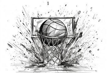 Wall Mural - basketball basket shot hoop, hand drawn sketch