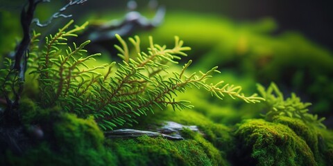 Wall Mural - image of green moss up close, with a backdrop of woodland. sochi's yew-boxwood forest in the nationa