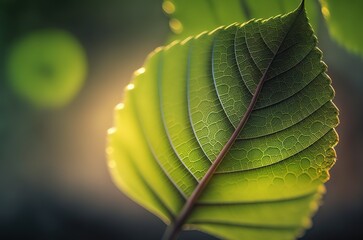 Wall Mural - extreme close-up of a green leaf, with the backdrop blurred. generative ai