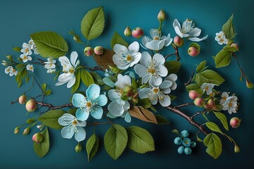Wall Mural - blue sky with white apple blossoms on a branch. generative ai