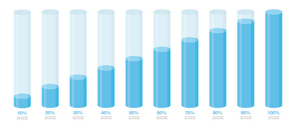 simple blue round slim chart bars template, clear 10%-100% infograph layout. graphic flat design int