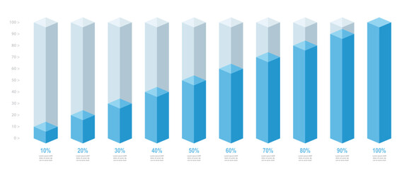 Wall Mural - modern blue slim chart bars template, 10% to 100% number text. flat design interface illustration in