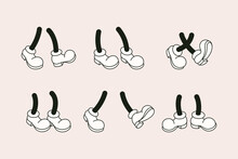 Retro Cartoon Legs In Shoes Set In Different Poses. Vector Comic Characters Feet In Boots In 1930 Style