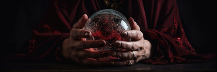 Fortuneteller hands with crystal ball. Generative AI.