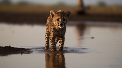 Wall Mural - a cheetah cub walking through shallow water generative ai
