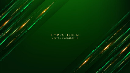 Wall Mural - Green luxury background with golden line stripes diagonal with glowing and glitter light effects elements. Elegant style vector design