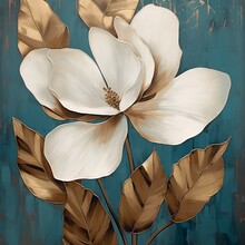 An Oil Painting With A Teal And White Background Of Long Brownish Gold Stems With Large White And Teal Petals