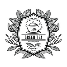 Hand Drawn Silhouette Green Tea Logo Design With Illustration Of Tea Leaves On Vintage Emblem