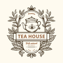 Hand Drawn Tea Logo Design With Tea Leaves And Teapot Illustration On Vintage Emblem Stamp