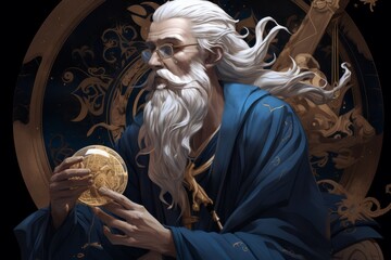 Illustration of a contemplative Blue Robed Wizard, wise and learned, pondering the mysteries of life. Ideal as a concept image or for an RPG game. Made in part with generative ai.
