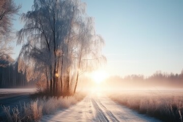 Wall Mural - sunlight filtering through trees along a winding road Generative AI