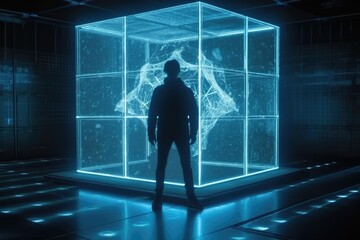 Wall Mural - man standing in front of a modern glass cube structure generative ai