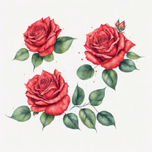 Watercolor Roses Isolated On White Background, Red Color