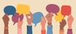 © Olena - Diverse hands holding speech bubbles, people exchange ideas. Team cooperation and communication concept. Hand drawn vector illustration isolated on light background, flat cartoon style.