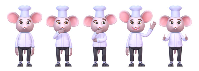 Wall Mural - 3d render of mouse chef cook character in various situations set 1