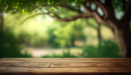 Poster - Empty old wooden table with green nature background