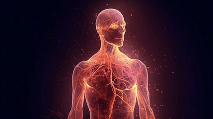 Human body with glowing neurons visualization concept. Generative AI illustration