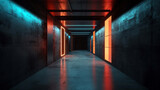 Fototapeta Przestrzenne - Futuristic empty concrete corridor with glowing neon lights. Generative ai illustration