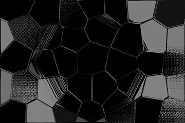 black and white hexagon background. Decorative metallic backdrop in white and gray tones. Cool stylish contemporary art. Trendy abstract web design of banner. Grungy antique cover in minimal style.