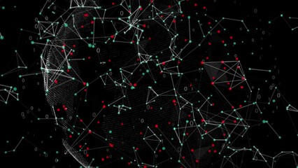 Digital transformation, global network and link with cyber, geometric lines and technology abstract on black background. Communication, binary and code, futuristic and worldwide with red dots