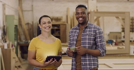 Wall Mural - Carpenter, tablet and portrait of a team planning in a workshop talking manufacturing with wood and app. Man and woman with tech for creative carpentry process, production and teamwork on project