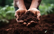 © Malchevska Studio - Farmer holding soil in hands close-up. Male hands touching soil on the field. Agriculture, gardening or ecology concept. Generative AI