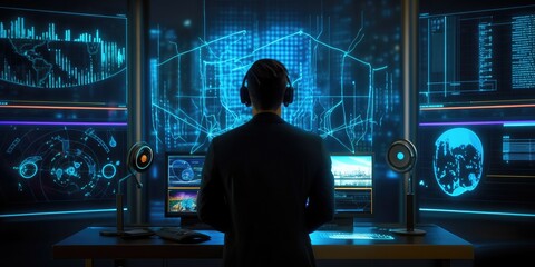 back side of man in server room monitor business graph , Generative AI
