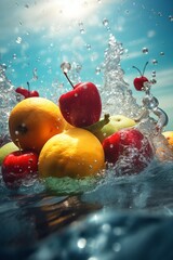  water market fresh food strawberry drop healthy fruit vitamin green background. Generative AI.