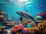 Fototapeta Do akwarium - Dolphin with group of colorful fish and sea animals with colorful coral underwater in the ocean