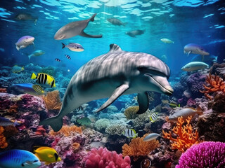 Dolphin with group of colorful fish and sea animals with colorful coral underwater in the ocean