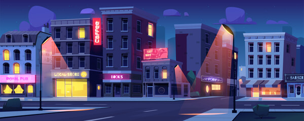 Night city street intersection cartoon vector background. Urban building scene view with crossroad and neon light in store window. Empty asphalt road way and apartment exterior at nighttime in town.