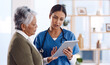 © Tinashe N/peopleimages.com - Telehealth, senior woman or doctor with digital tablet, consultation or planning treatment for cure. Female person, employee or medical professional with a patient, women or technology for healthcare