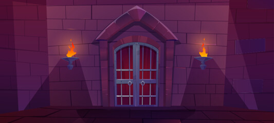Wall Mural - Castle dungeon brick wall cartoon background for game. Dark ancient fantasy palace corridor interior illustration underground scene. Tower indoor doorway to knock with torch fire light scene.