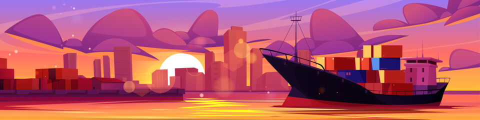 Sea port and cargo ship with containers. Concept of export and import logistic. Ocean harbor with trade seaport, commercial dock and marine vessel for goods shipment, vector cartoon illustration