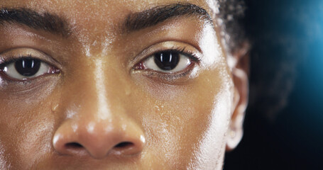 eyes, fitness and portrait of woman with sweat on dark background for workout, exercise and training