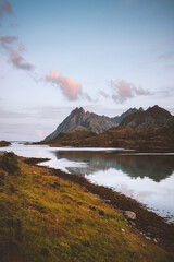 Wall Mural - Lofoten islands in Norway sunset mountains and fjord water reflection scandinavian nature travel destinations