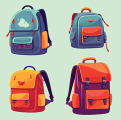 Kids Schoolbag set Colortful School Backpacks Hand Drawn Vector Cartoon Illustration