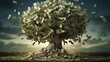 Money tree concept with dollar bills flying off the tree., Generative Ai.