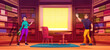 © klyaksun - Cartoon man and woman choosing books in library. Vector illustration of female and male characters in large room with wooden bookshelves, vintage table and chair. Literature club. Reading hobby