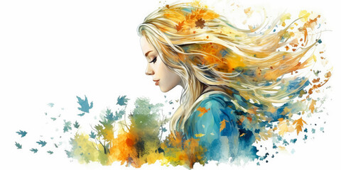 Poster - Double exposure portrait woman with a plants and leaves. Colorful creative watercolor illustration. Generative Ai