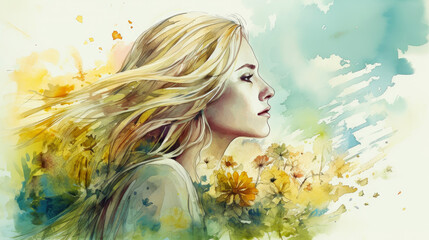 Wall Mural - Watercolor young woman with flowers portrait art. Colorful creative watercolor illustration. Generative Ai