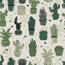 Hand Drawn Decorative Seamless Pattern With Cactus And Succulents. Perfect For Fabric, Textile. Vector Background.